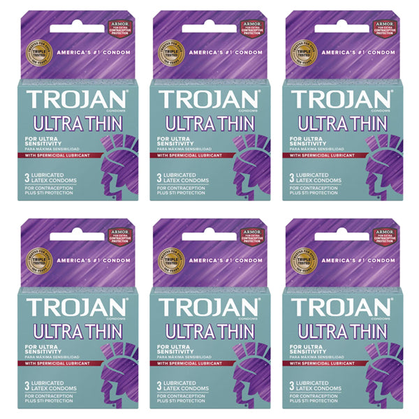 Six packs of Trojan Condom Sensitivity Ultra Thin Spermicidal (3-count each) by Trojan are arranged in two rows of three against a white background.